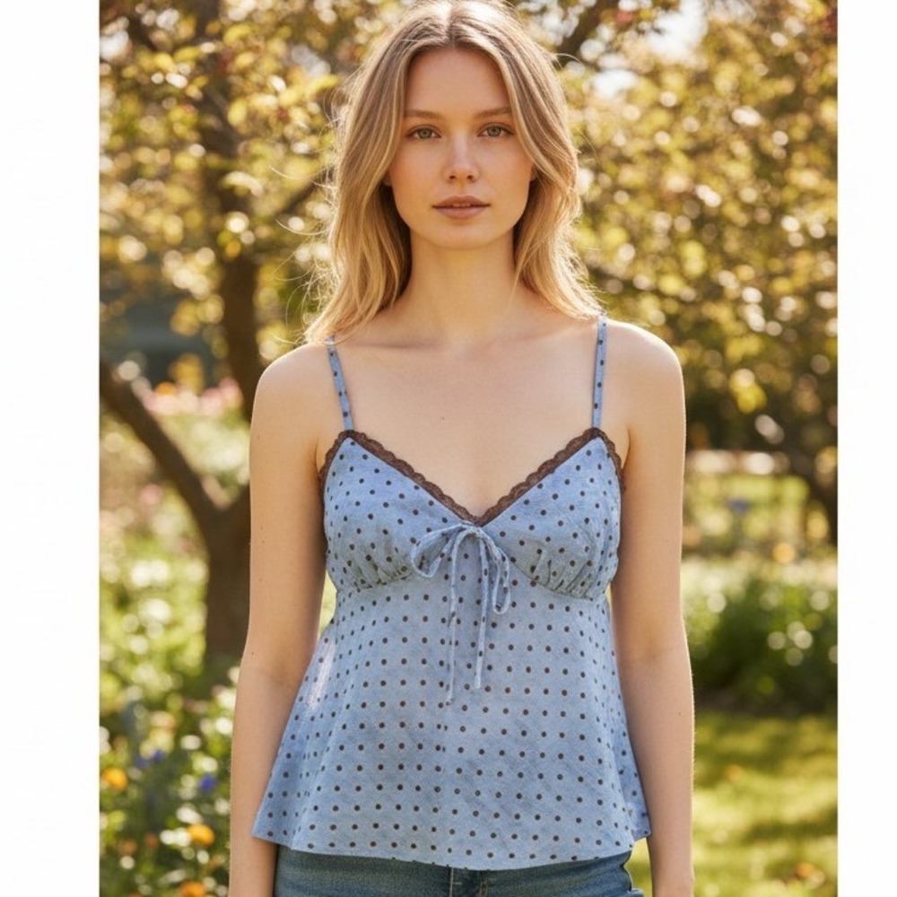 Band of the Free Blue Brown Polka Dot Lace Trim Tie Front Camisole Top Small